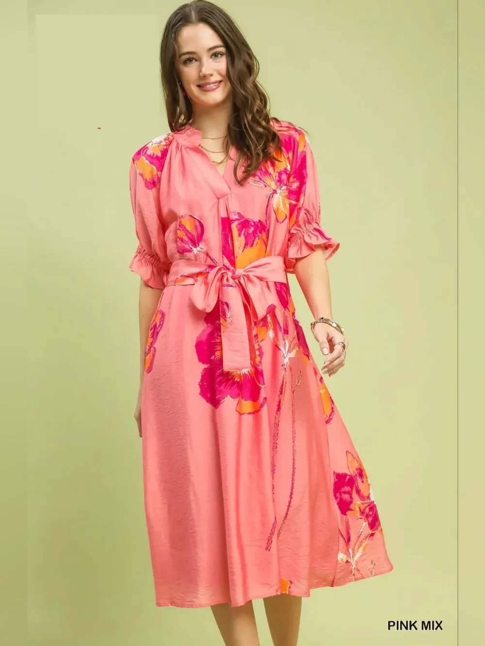 New Arrival!! Umgee Floral Flounce Sleeve Midi Dress with Belted - Picture 1 of 9